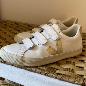 White and Gold Velcro Veja Sneakers